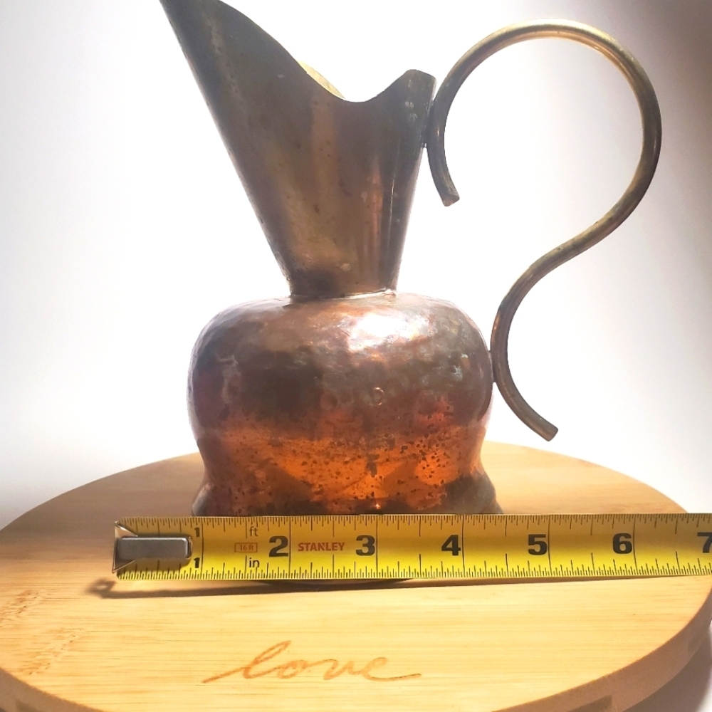 ANTIQUE Copper Pitcher Jug with Brass Accents & Petina Farmhouse Style - Picture 9 of 9